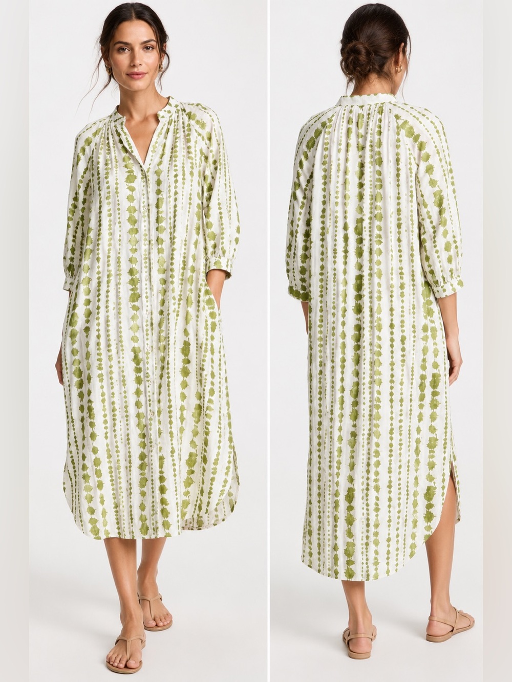 Sunny Studio Paris 100% Cotton Green Abstract Print Midi Shirt Dress L Est